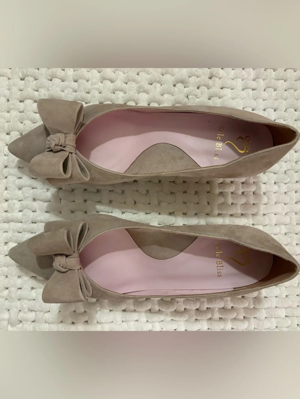 Sole Bliss Suede Light Taupe Bow Pointed-Toe Women’s Kitten Heels